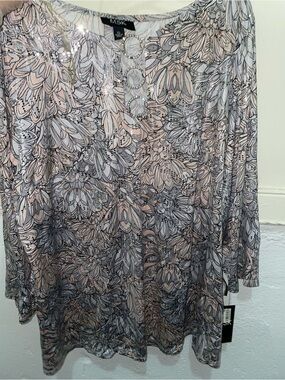 MSK Floral Shimmer Tunic Blouse Rhinestone O-Ring Keyhole Neck - XL